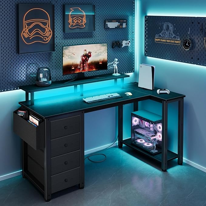 Lufeiya Black L Shaped Desk with Led Lights and Power Outlets 47 Inch Writing Study Computer Gaming Desks with Fabric Drawers for Bedroom Home Office Corner Desk with Monitor Stand Shelves Black