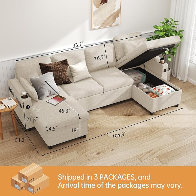 DURASPACE Sofa Bed Sleeper Sofa Pull Out Couch with Double Storage Chaise Sectional for Living Room U Shaped Couch with Removable Covers (Beige)