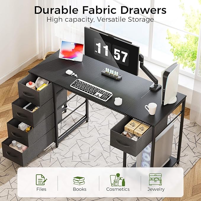 LUCKRACER Vanity Desk with 5 Fabric Drawers &amp Storage Shelves Makeup Dressing Table Computer Desks for Home Office Bedroom Black No Mirror