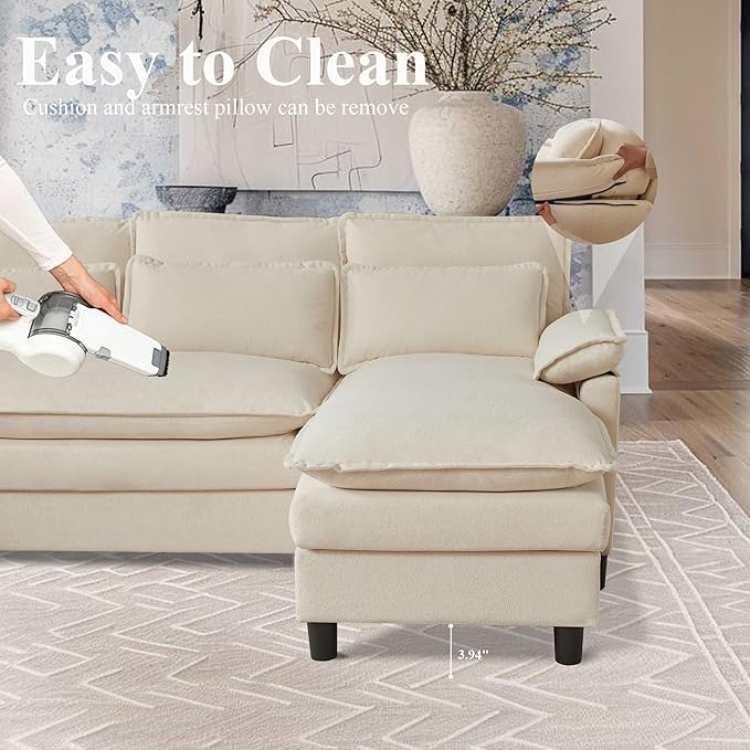 105 U Shaped Cloud Couch Sectional 4 Seat Home Sofa Living Room Comfy Couches with Storage Ottoman Double Layer Cushion Modular Sofas for Bedroom Apartment and Office Beige