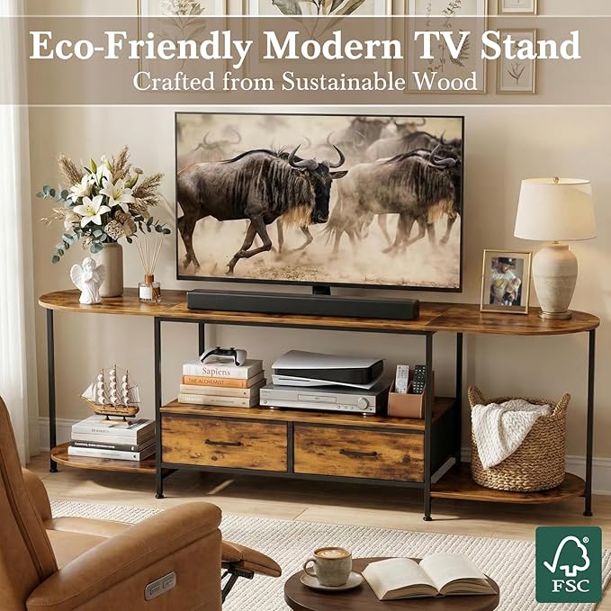 63 TV Stand for TVs up to 75 Inches Curved Edge Media Console &amp Entertainment Center with 2 Fabric Drawers Modern TV Console Table for Living Room or Bedroom Rustic Brown
