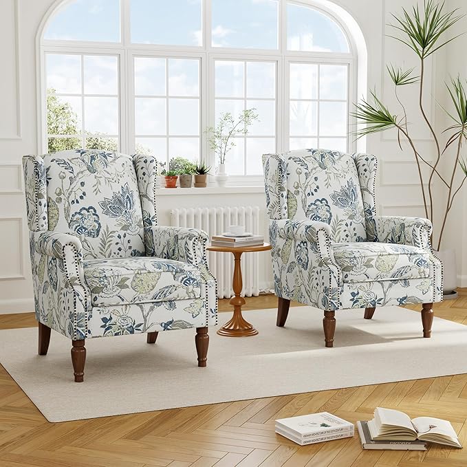 Floral High Back Accent Chair Upholstered Armchair with Solid Wood Legs Comfy Wingback Reading Single Sofa Chair for Small Spaces Living Room Bedroom(Floral Plants Blue Set of 2)