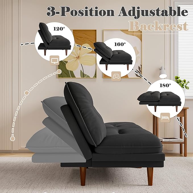 Homall Futon Sofa Bed Modern Loveseat Futon Couch with Adjustable Backrest and Armrests Sleeper Sofa Bed with Wood Frame for Living Room Office Apartment (Fabric Black)