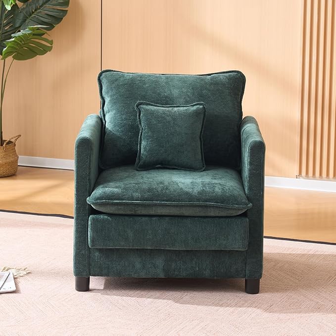Modern Living Room Accent Chair Comfy Reading Armchair Oversized Chenille Upholstered Single Sofa Chair with Pillow for Bedroom Office Apartment Home Theater Indoor (Dark Green)