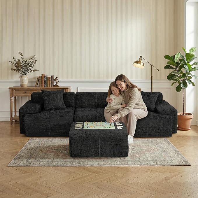 117 Modular Sectional Sofa Couch Chenille Upholstered Boneless Couch Oversized L-Shaped Cloud Sectional Couch with Ottoman &amp Deep Seating No Assembly Black