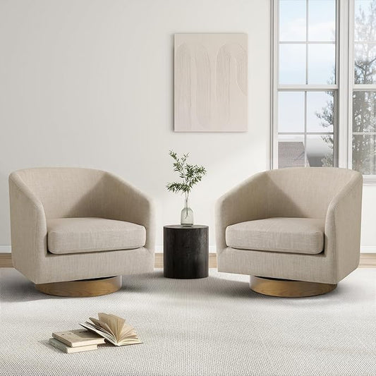 Swivel Barrel Chair Modern Round PU Leather Accent Armchair for Living Room Bedroom Oversized Comfy Club Reading Chairs for Adults (Fabric Light Brown Set of 2)