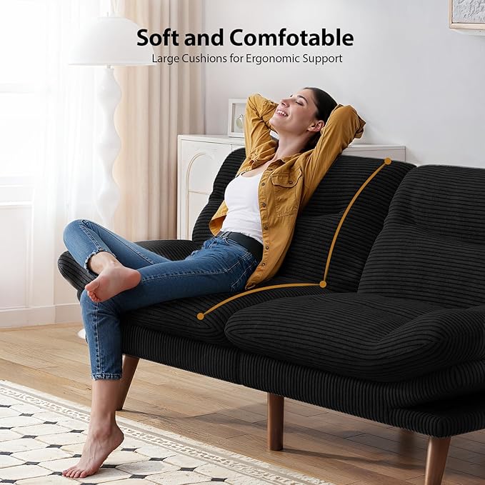 Pipishell Futon Sofa Bed Modern 66 Futon Couch Convertible to Bed &amp Lounger Compact Size Corduroy Loveseat Durable Construction - Fits Small Spaces ApartmentsStudy Room(Ink Black 66 Inch)