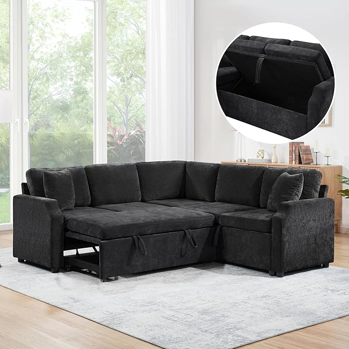 81.9 Sectional Sofa Convertible Pull-Out Sofa Bed Upholstered L-Shaped Sofa Couch with a Sofa Sleeper and a Hidden Storage Compartment for Living Room Apartment (Black-7.2)