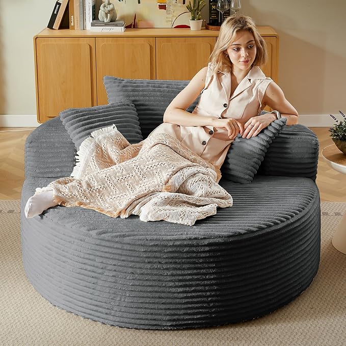 55'' Oversized Round Chair Lounge Chaise Indoor Cloud Boneless Large Circle Chair with Plush Corduroy No Assembly Required Fluffy Modern Sleeper Sofa Bed for ReadingLiving RoomBedroom(Dark Grey)