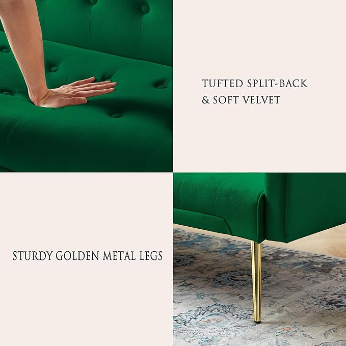 Anwick Modern Velvet Futon Sofa Bed: 72 Satin Convertible 2 Pillows Tufted Back Golden Metal Legs Folding Sleeper Loveseat for Small Space Home Office Living Room (Green)