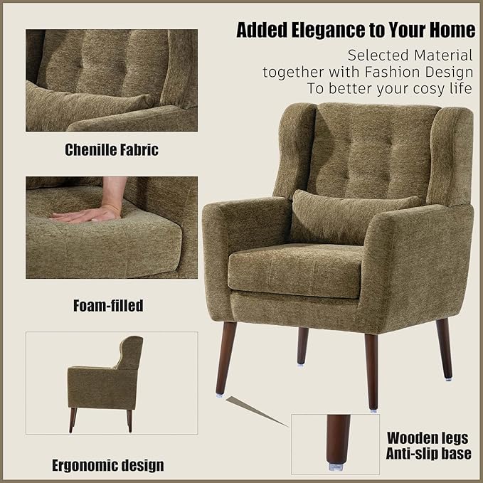 Modern Accent Chair&ampWingback Chair&ampLiving Room Chairs ComfySmall Arm Chair&ampClub Chair&ampSide Chairs for Living RoomSingle Chairs Living Room with Waist Pillow for Small SpaceOffice (O