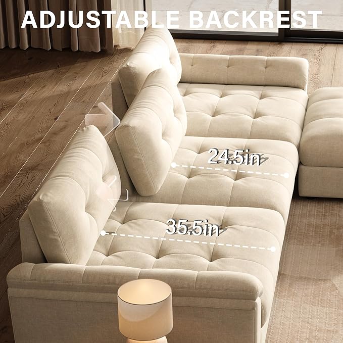 Oversized Modular Sectional Sofa with Adjustable Back Modern Comfy Sectional Couch with Storage Ottoman Deep Seat Chenille Cloud Couch for Living Room 3 Seater with Ottoman Beige