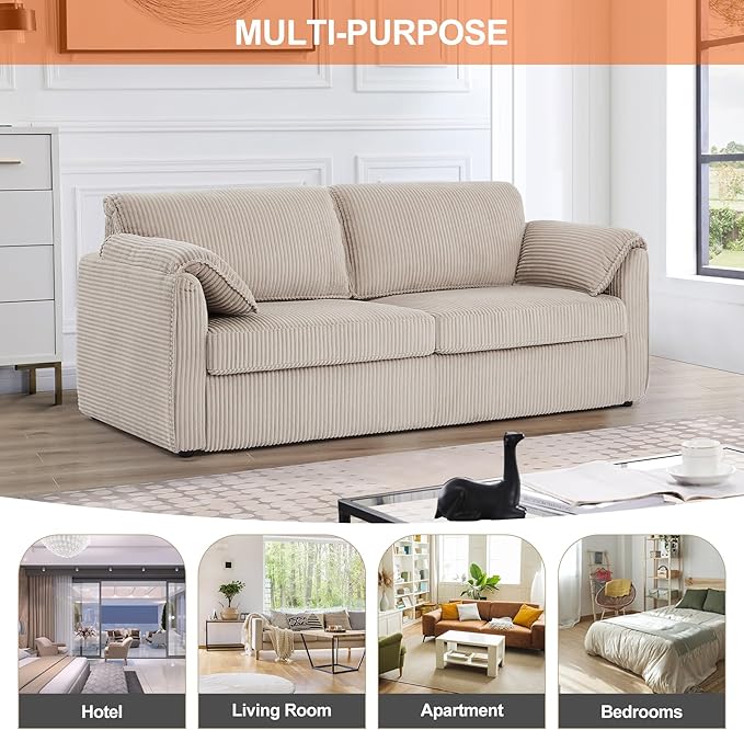 Pull Out Sofa Bed Corduroy Queen Sleeper Couch with Foam Mattress Large Sofa Sleeper Pullout Couch Bed for Living Room Office Queen Size (Beige Brown)