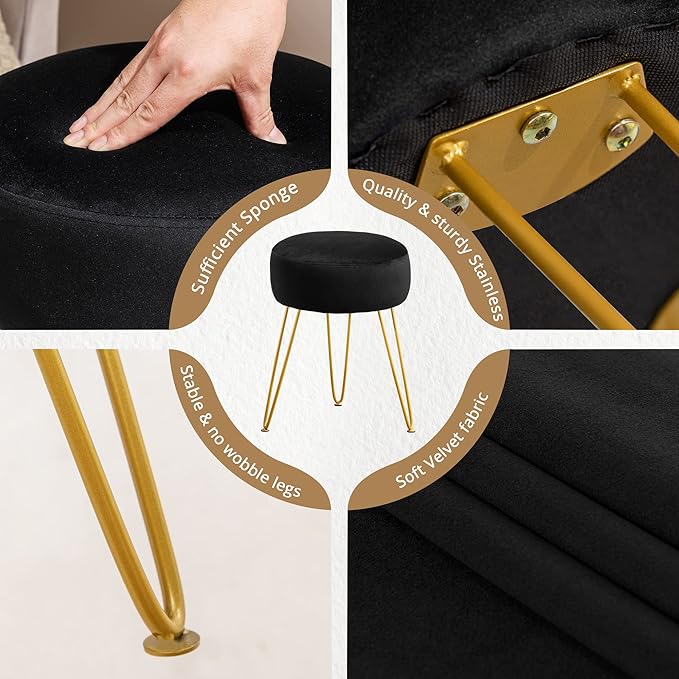LUE BONA Vanity Stool Black Vanity Stools for Makeup Room Round Ottoman Foot Stool Velvet Footrest Vanity Chair for Bathroom Vanity Bedroom Living Room Entryway Offices