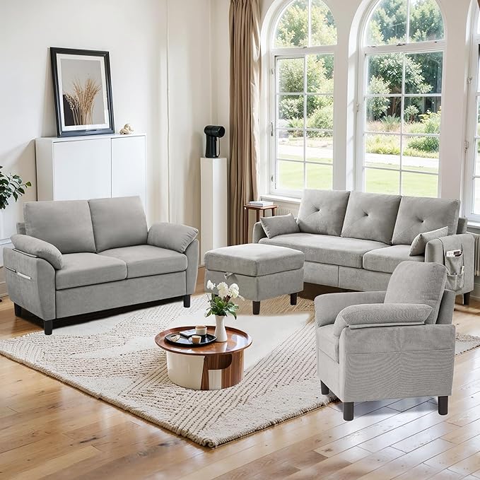 Sectional Sofa Set 77 Convertible Sofa &amp 45 Loveseat &amp 23 Chair Small 3 Seat L Shaped Couch with Storage Ottoman Modern Couches for Living Room Apartment Light Grey
