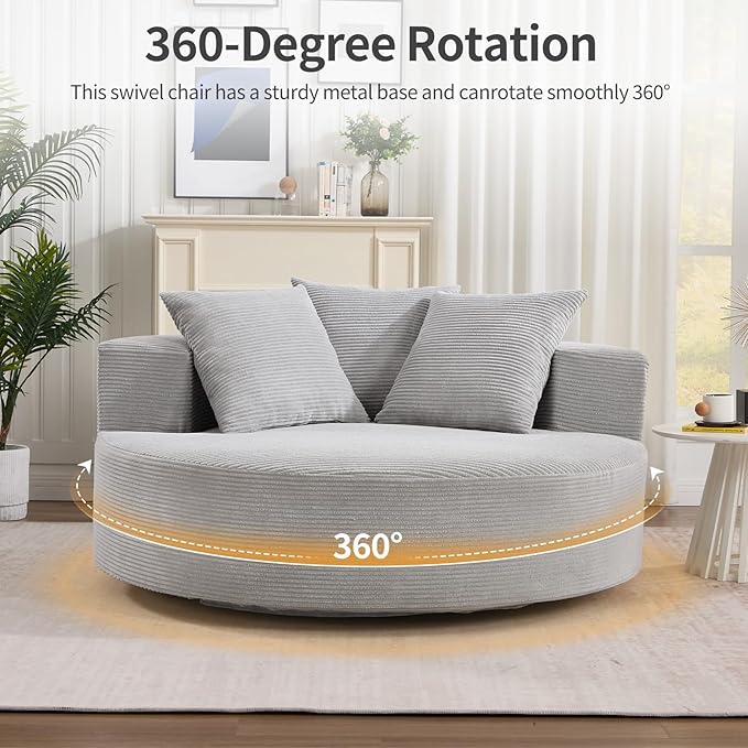 CANMOV Oversized Round Swivel Chaise Longue Chair Indoor Upholstered Corduroy Deep Seat Cloud Large Circle Sofa Chair Modern Single Cloud Sofa Bed for Living Room Bedroom Apartment Light Gray
