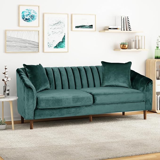 Merax Modern Sofa Set Couch with Matching Accent Pillows Channel Stitching Button-Tufted Diamond Pattern Sloped Arms Plush Upholstered Design Teal