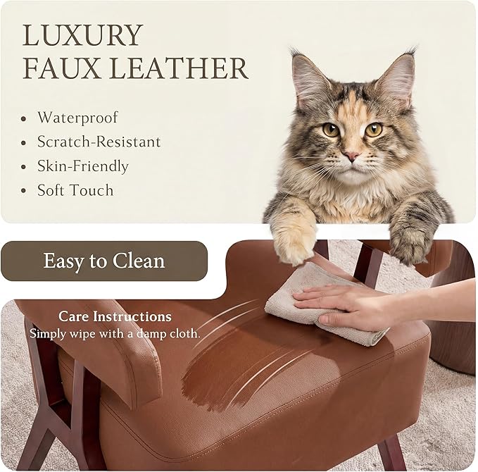 STHOUYN Leather Accent Chairs Barrel Chair with Solid Wood Frame Mid-Century Modern Wooden Armchair with Wraparound Back Comfy Office Reading Chair for Living Room Bedroom (2 Brown)