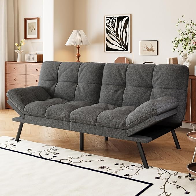 Convertible Futon Sofa Bed71 Memory Foam Futon CouchDetachable CushionAdjustable Backrest &amp ArmrestLinen Modern Loveseat Sleeper Recliner for Living RoomOfficeApartmentMist Grey
