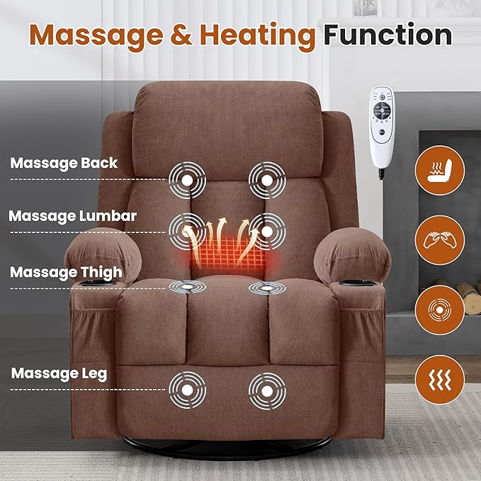 Swivel Rocker Recliner Chair with Vibration Massage and Heat for Living Roomwith Rocking Function and Side Pocket USB Charge Port2 Cup Holders