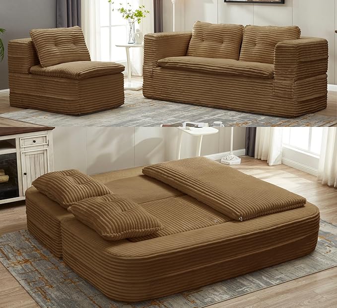 Sleeper Sofa with Chaise Lounge Convertible Sectional Couch Bed Plush Corduroy 3-Seat Sofa with Blanket Deep Seat King Size Sleeper for Small Apartment No Assembly Required (Camel)