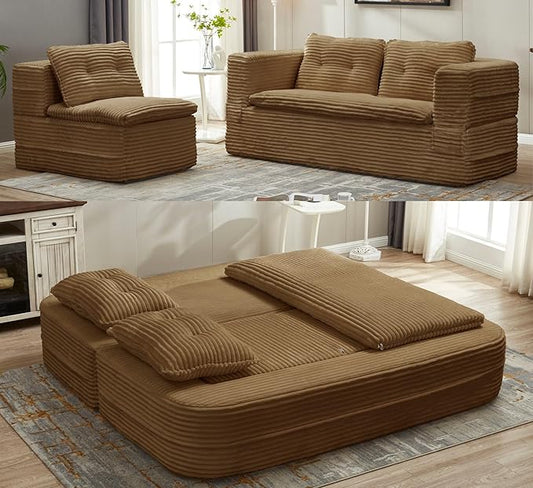 Sleeper Sofa with Chaise Lounge Convertible Sectional Couch Bed Plush Corduroy 3-Seat Sofa with Blanket Deep Seat King Size Sleeper for Small Apartment No Assembly Required (Camel)