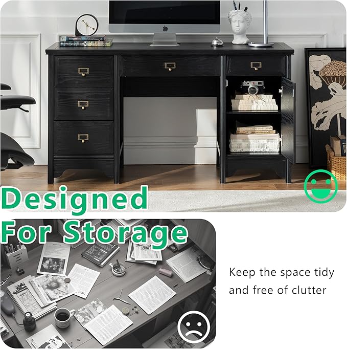 Chogori 55 Solid Wood Executive Desk Farmhouse Office Computer Desk with 5 Drawers &amp Storage Cabinet Wooden Writing Table for Home Office Study Bedroom Black