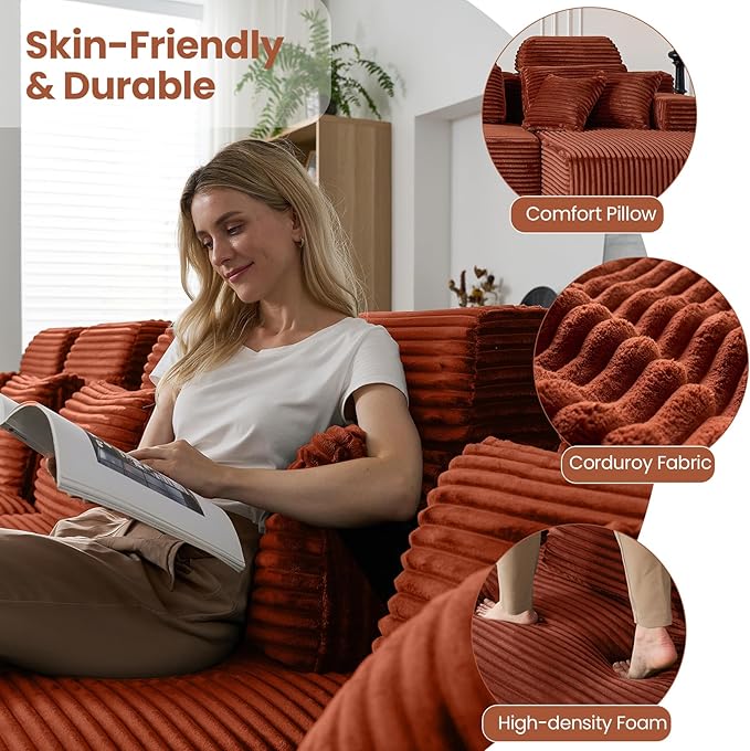 141 Boneless Couch with Reversible Chaise U Shaped Sectional Couches for Living Room Modular Sectional Sofa 28 Deep Seat Corduroy Couch Reversible Chaise Couch in a Box Orange
