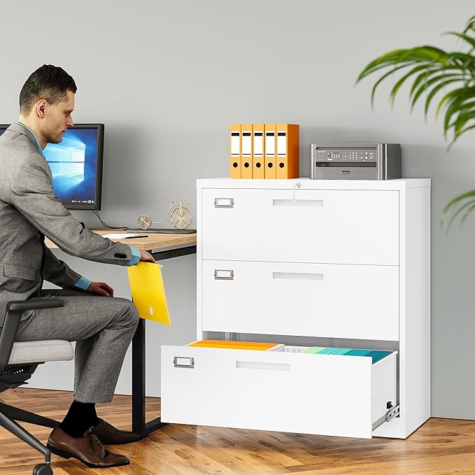SISESOL 3 Drawer Lateral File Cabinet with LockWhite Lateral Filing CabinetHorizontal Metal Filing CabinetLocked Wide Three Drawer File Cabinet for Office HomeFit A4/F4/Letter/Legal File