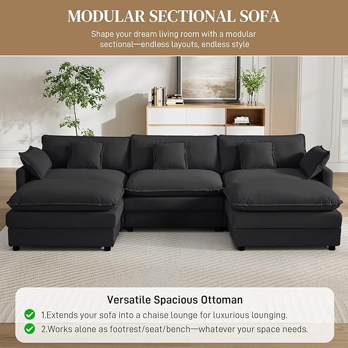 Cloud Couch Sectional Modular Sofa114.4 Comfy Black Sectional Couches for Living Room Upholstered U Shape 3 Seat Deep Cloud Sofa with Movable Ottoman DIY Combination Velvet Black