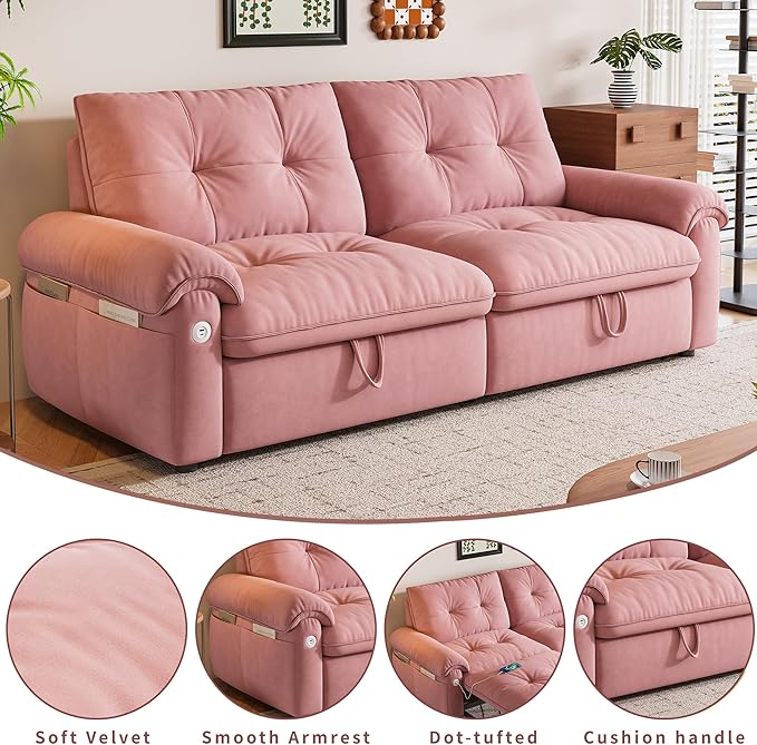 77 Queen Size Sofa Bed 2-in-1 Convertible Sleeper Sofa Bed with Adjustable Backrest Modern Velvet Couch with Side Pocket and USB Ports for Living Rooms Bedrooms Small Spaces (Pink 77.2inch)