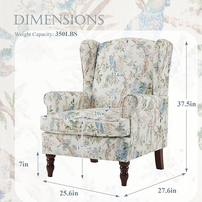 MELLCOM Floral Accent Chair High Back Upholstered Armchair with Solid Legs Leisure Single Sofa Chair for Living Room Bedroom Home Office Light Blue Floral&ampBird