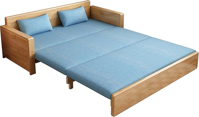 71 Blue Cushion Convertible Sofa Sleepersectional Sleeper Sofa with Reversible ChaiseLog Color Wood Sofa Bed 3 in 1 Pull Out CouchWooden Sofa Bed for livingroomApartmentBedroomOffice