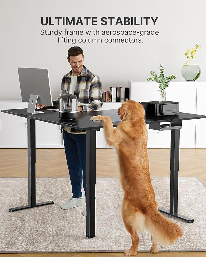 Marsail Standing Desk Adjustable Height with 4-in 1 Electical Outlet L Shaped Electric Standing Desk with Headphone Hook Stand up Desk for Home Office Sturdy Writing Workstation Black
