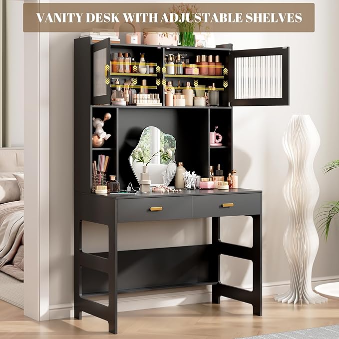Vlsrka Home Office Desk with Hutch and Drawers 40 Computer Desk with Storage Shelves and LED Lights Modern Wooden Writing Study Table with Charging Station for Bedroom Black