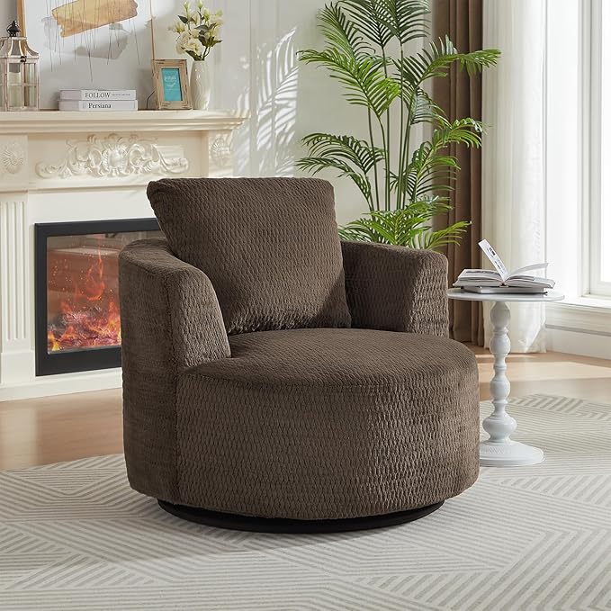 35W Brown Chenille Swivel Accent Barrel Chair Comfy Round Accent Sofa Chair 360 Rotation Degree Club Chair Leisure Arm Chair for Nursery Bedroom Living Room Hotel Office (35 Dark Brown)