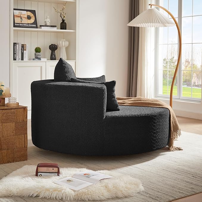 360° Swivel Barrel Chair - Oversized Round Sofa Chair and A Half with Removable Pillows Comfy Modern Upholstered Deep Seat Circle Chaise Lounge for Living Room Bedroom Office Hotel (Carbon Black)