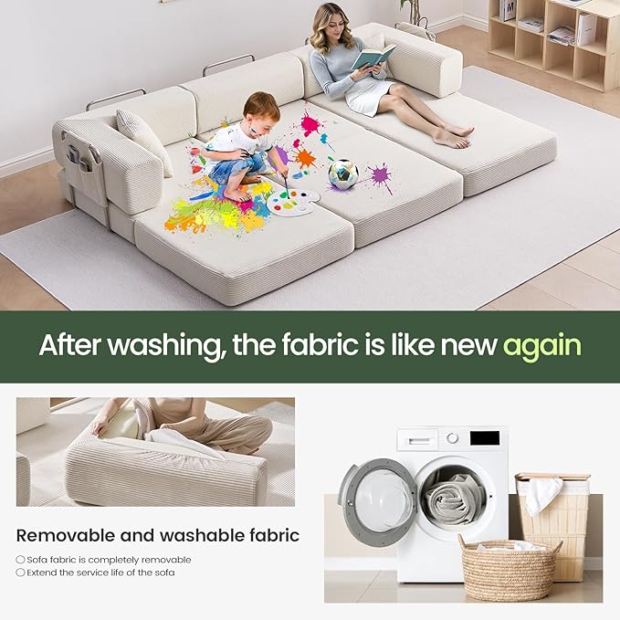 Folding Sofa Bed Convertable Corduroy Couch King Size Floor Sleeper 4-in-1 DIY Combination Modular Sofa Fold Out Futon Lounge Comfy Foldable Lazy cama for Living Room (Off-White)