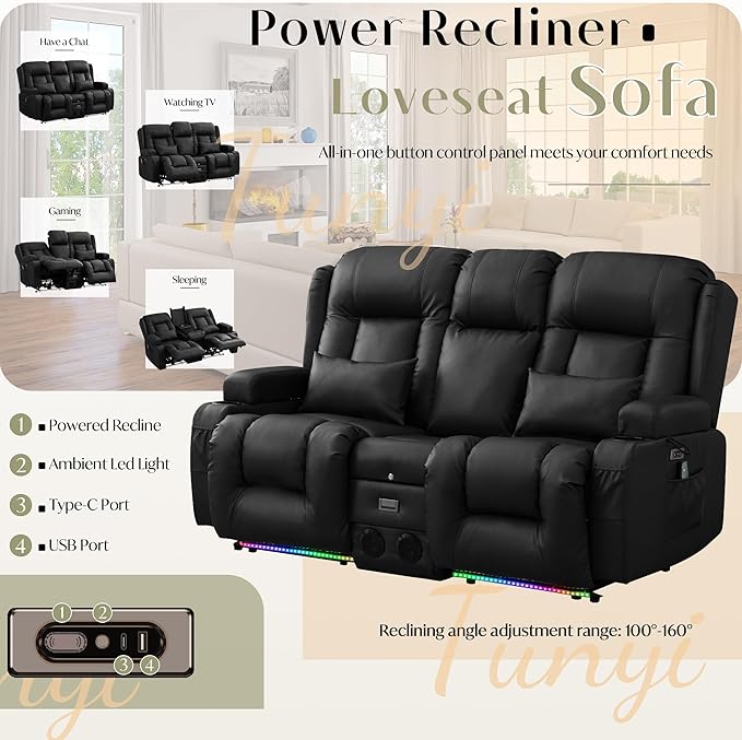 TUNYI Power Loveseat Recliner Sofa Faux Leather Reclining Sofa with Console RV Reclining Loveseat Couch with USB/Outlet/Storage/Side Pocket/LED Light/Speaker (Black Loveseat)