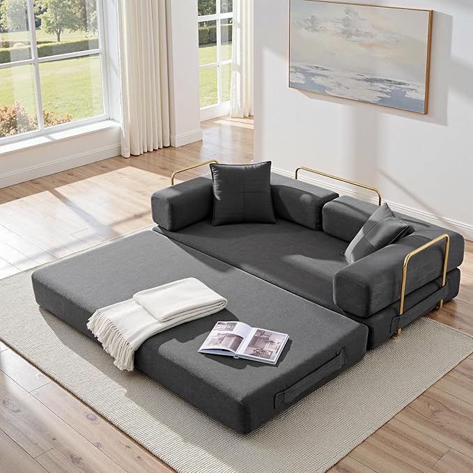 Folding Sofa Bed Convertible Sleeper Sofa Bed with Gold Fixed-Shape Frame Corduroy Floor Couch Lazy Compression Sofa for Living Room Bedroom Home Theater Grey