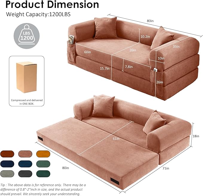 80 Convertible Sofa Bed Corduroy Deep Seat Folding Pull Out Couch with Pillows No Assembly Modern Boneless Couch Compression Sofa in Box Floor Sofa with Storage Pocket for Living RoomPink