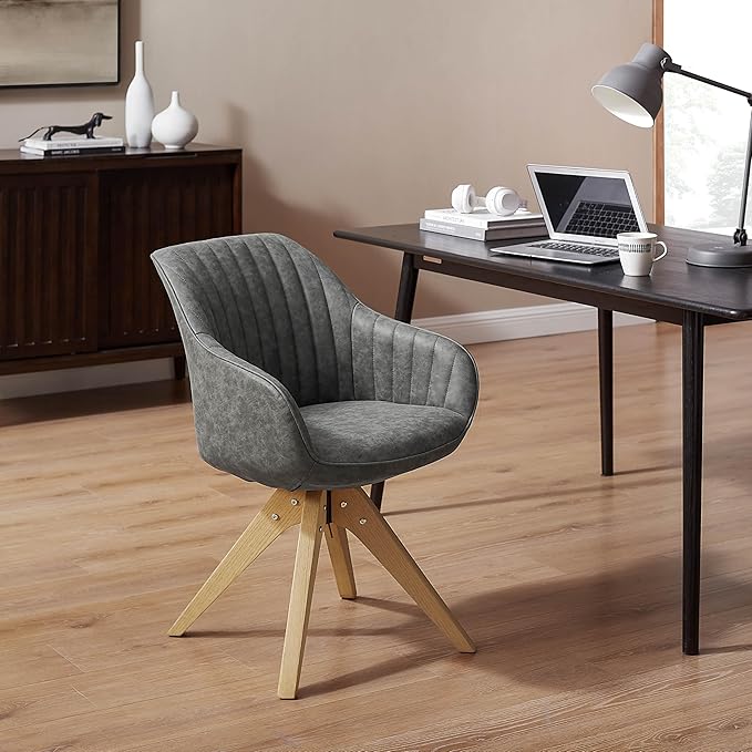 Art Leon Office Chair No Wheels Mid Century Modern Desk Chair Swivel Accent Chair with Oak Wood Legs Faux Leather Upholstered Armchair for Desk Gray