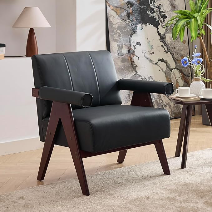 STHOUYN Black Leather Accent Chairs Mid Century Modern Chair Side Arm Chairs for Living Room Office Guest Waiting Room Chairs (1 Black)