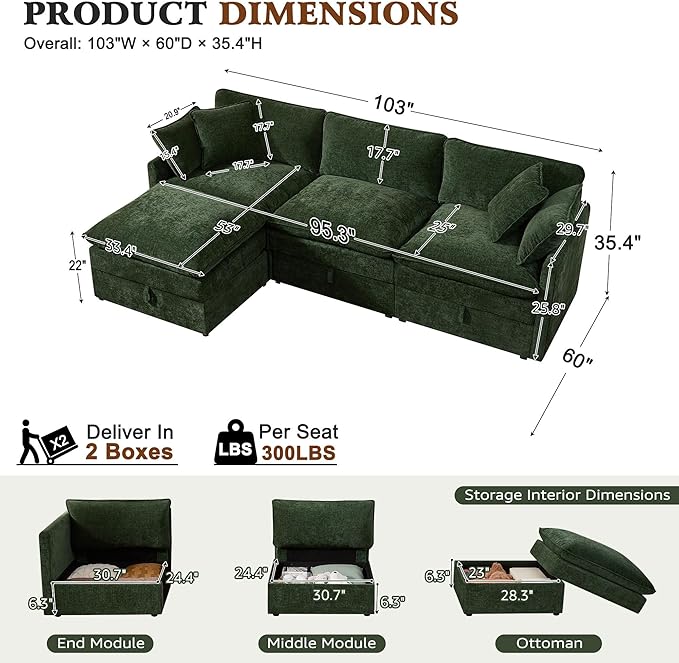 Ihanherry 103 Modular Sectional Sofa with Storage L Shaped Cloud Couch with Movable Ottomans &amp 4 Pillows Chenille Deep Seat Sectional Couches for Living Room Apartment (Green)