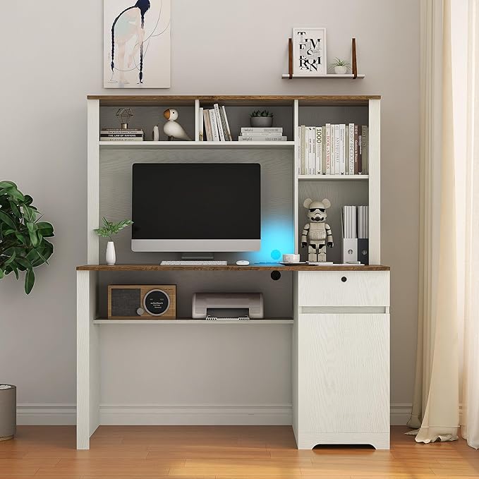 Computer Desk with Hutch BookshelfWood Executive Desk Teens Student Desk Writing Laptop Home Office Desk with Drawers3 AC Outlets and 2 USB Charging PortsStudy Laptop Table for Home