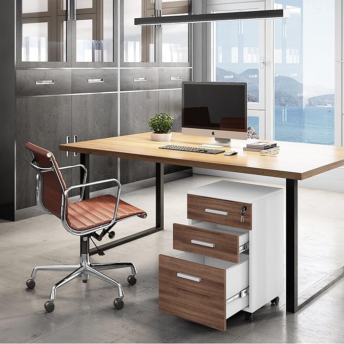 Modern Design Lazio File Cabinet Filing Cabinets for Home Office Drawers for Under Desk Locking 3 Drawer Rolling Filing Cabinet with Lock Walnut and White by Crafts and Comfort