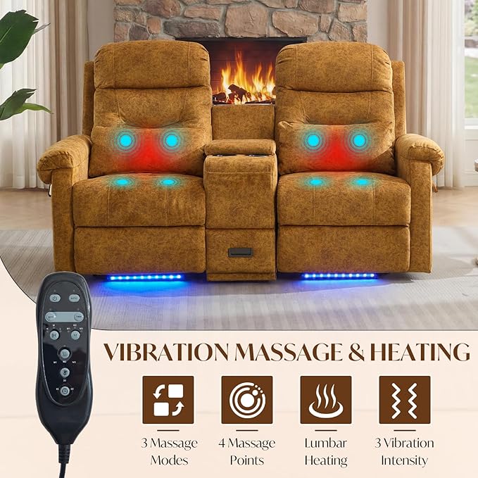 Power Lift Recliner Loveseat Sofa for Elderly Dual Motor Electric Recliner with Massage &amp Heat 2-Seater Velvet Couch with Independent Control Console Cup Holder &amp Power Outlet (Yellow 69”