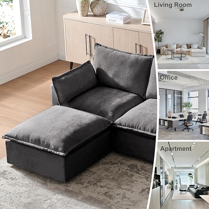 93'' Cloud Modular Sectional Couch with Convertible Removable Ottoman Oversized L Shape Sofa Deep Seat Sofa with Throw Pillows for Living Room Bedroom Apartment (Gray)