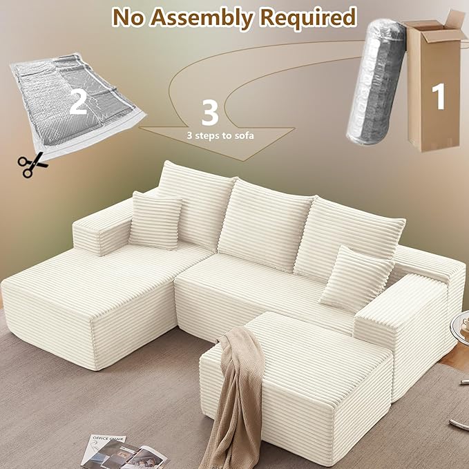 107 L-Shape Sofa with Ottoman Modern Modular Sectional Comfy U-Shape Cloud Couch Deep Seat Upholstered Corduroy Sleeper Chaise Longue for Living Room Bedroom No Assembly Required White