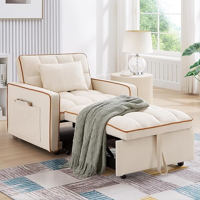 Convertible Sleeper Chair Bed 3 in 1 Modern Velvet Pull Out Sofa Bed Small Tufted Single Sleeper Chair with Adjustable Backrest/Pillow for Living Room Small Spaces Apartment Office Beige
